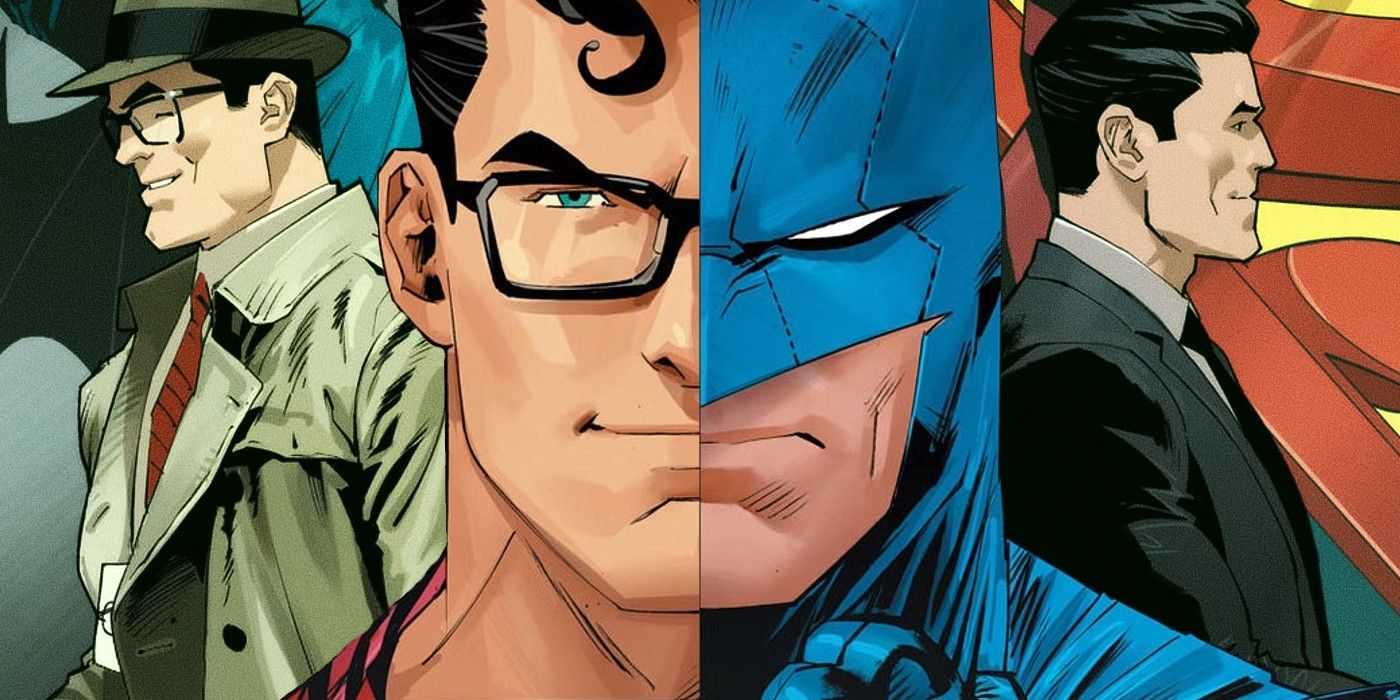 Clark Kent (left); split image of Clark and Batman (center); Bruce Wayne (right)