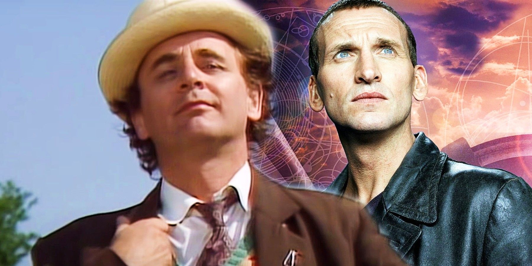 Sylvestor McCoy as the Seventh Doctor with Christopher Eccelston as the Ninth Doctor
