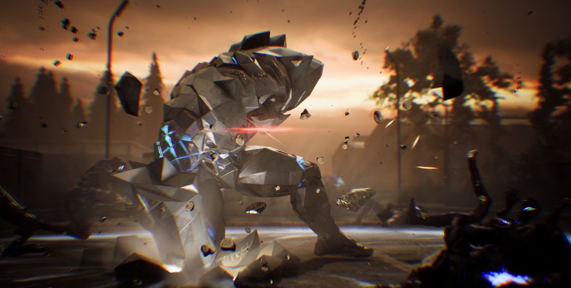 Gameplay images shows SYNCED&rsquo;s Crusher Nano putting one arm into the ground as rubble from the abandoned street raises into the air.
