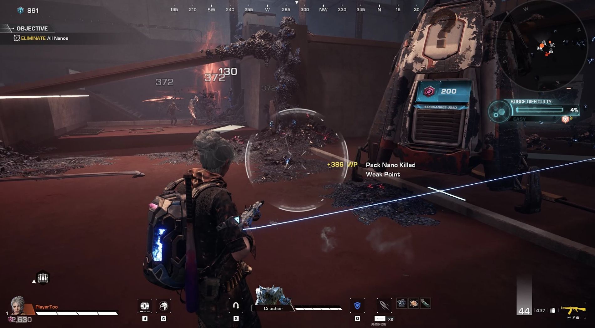 Gameplay image from SYNCED shows a player approaching a drop pod while enemies have damage numbers appearing over their heads in the background.