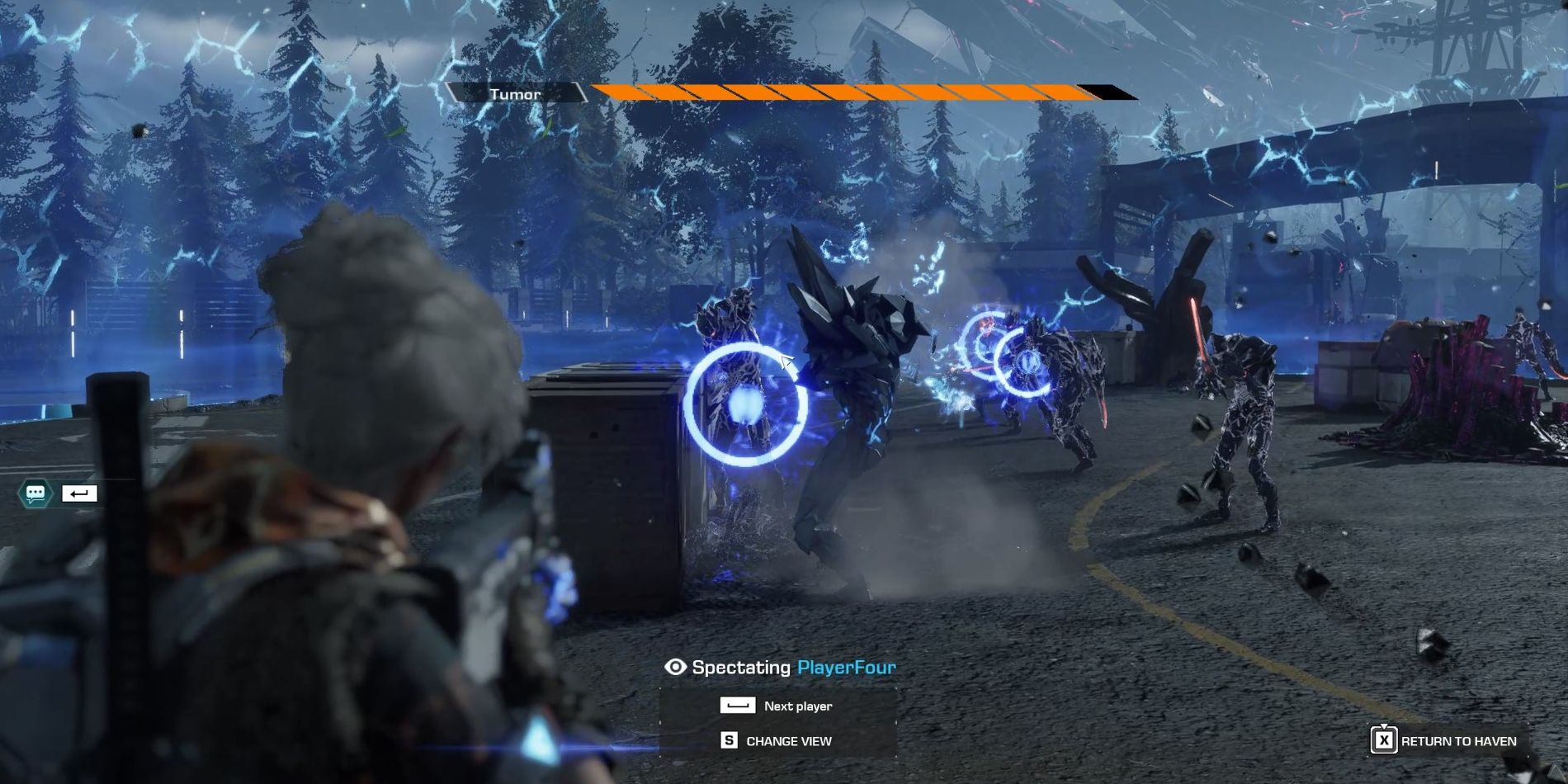 Gameplay image from SYNCED shows player character aiming a rifle over their shoulder while three enemies in front of them are highlighted by a bright blue circle.