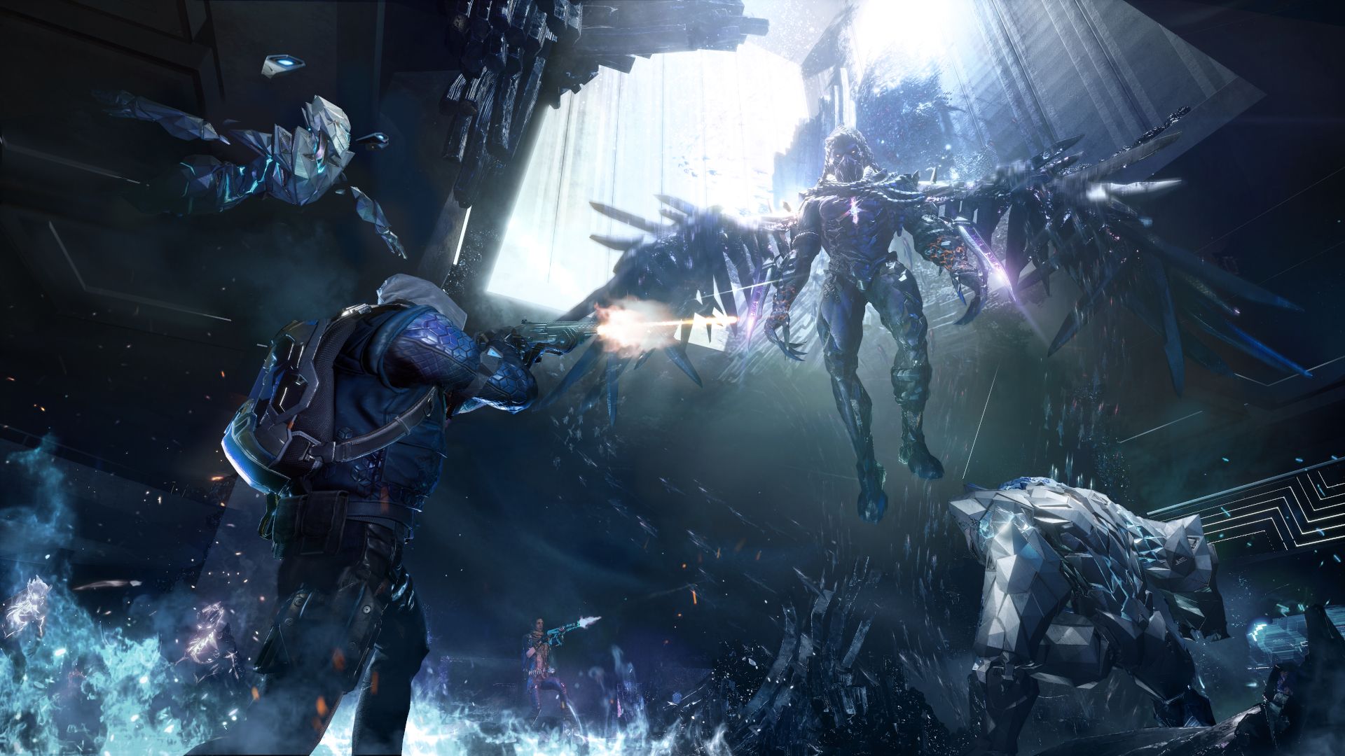 Gameplay image shows three players in an decayed underground lab with a large hole leading to the surface with a large winged humanoid creature descending upon them while they metallic Nanos companions fight alongside.
