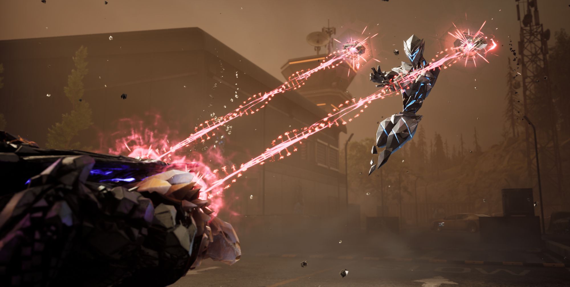 Gameplay image from SYNCED shows the Nano Seer flying in the air and shooting at a crawling beast with two red lasers.