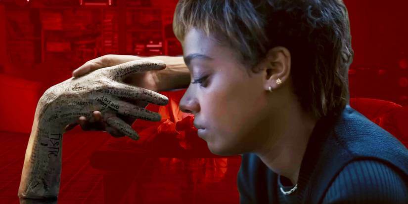 Custom image of the cursed hand and Mia looking at it in Talk to Me