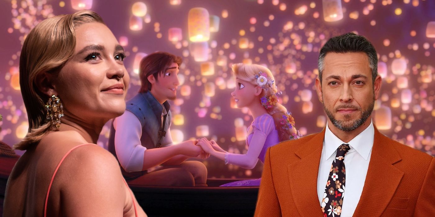 A composite image of the Tangled movie with Florence Pugh and Zachary Levi