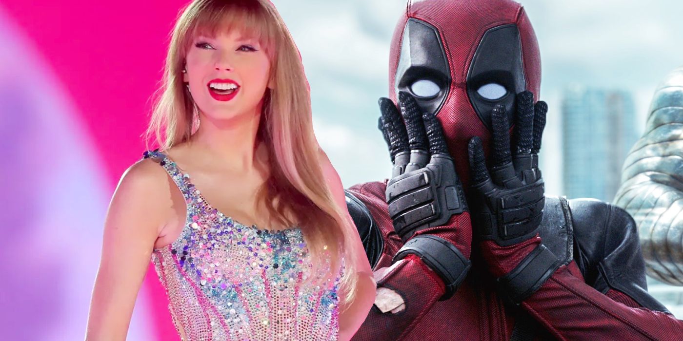 Custom image of Taylor Swift in a shiny silver dress next to a shocked Deadpool.