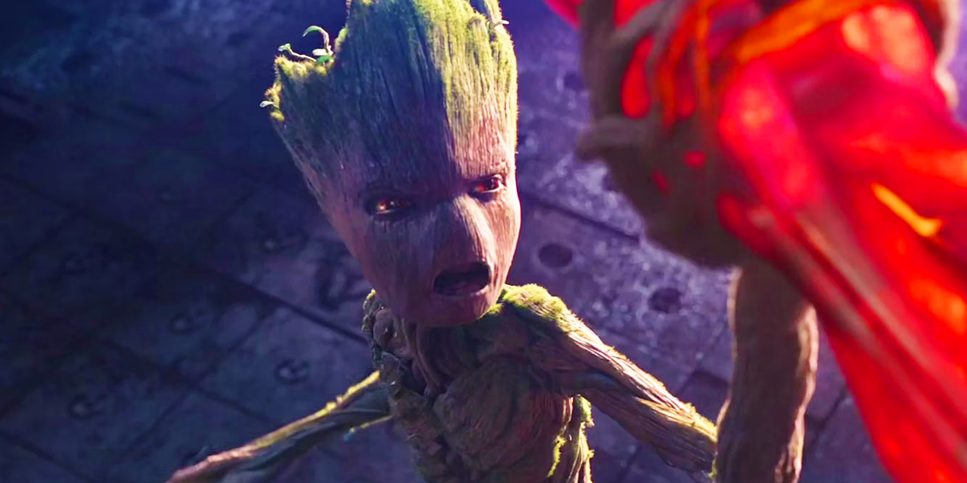 Teenage Groot lifting Stormbreaker in Avengers Infinity War