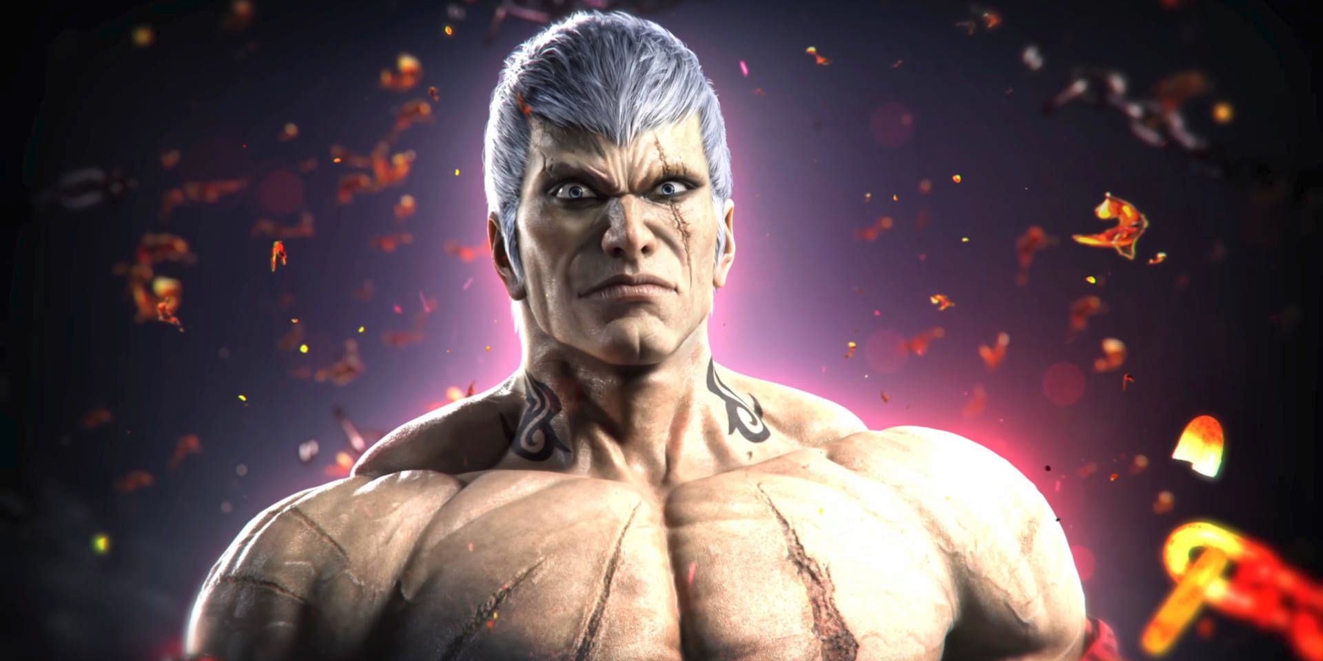 Bryan Fury, a heavily-scarred white American man with gray hair, scowls.