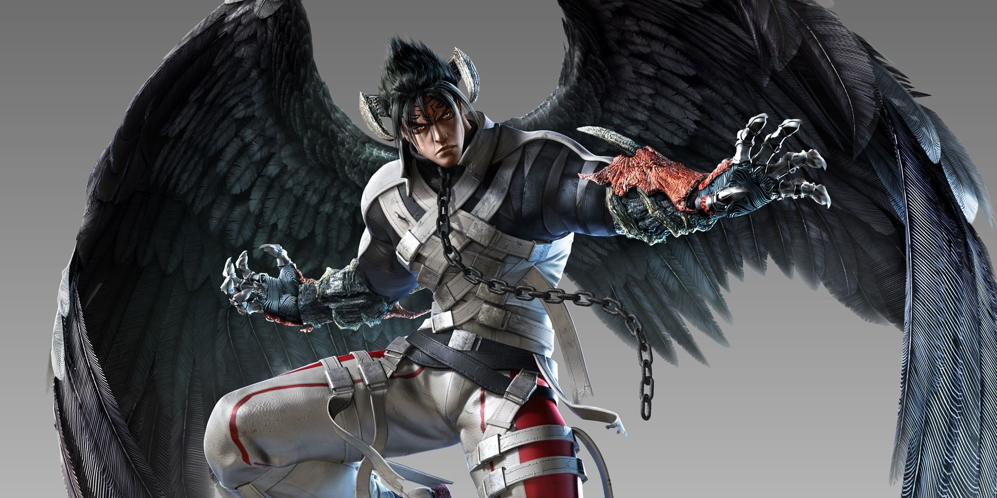 Devil Jin, a demonic version of Jin Kazama, hovers on black wings with arms outstretched.