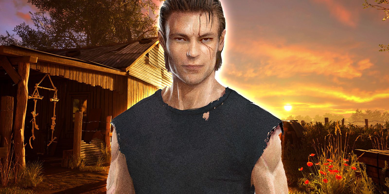 Johnny faces the camera with a slight smirk while rimmed in white. He stands against a golden background of the shed behind the Family House.