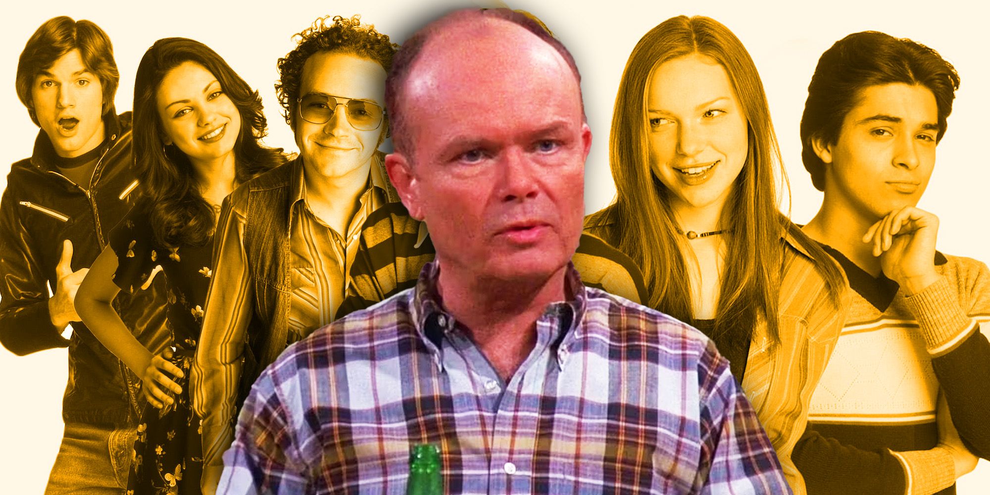 Red Forman in center over young cast of That '70s Show