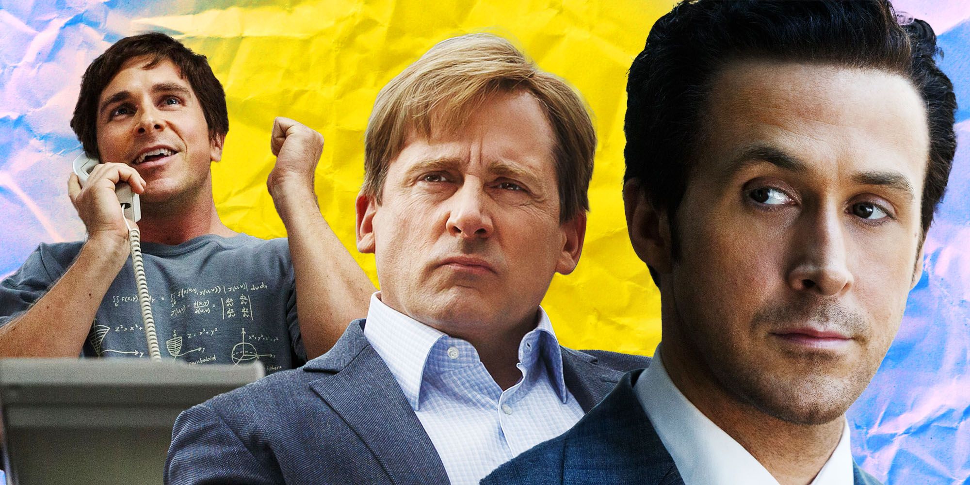 A collage of Christian Bale, Steve Carell, and Ryan Gosling in The Big Short - created by Screen Rant Image Editors