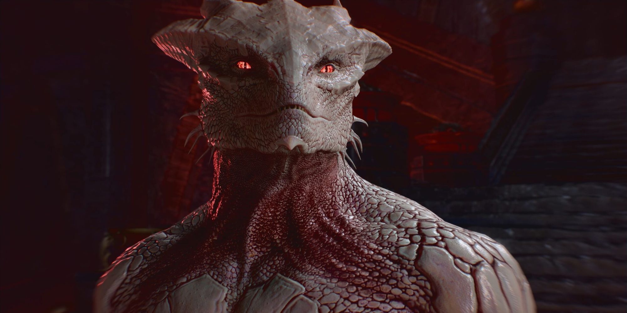 Um personagem reptiliano em Baldur's Gate 3, representando o personagem Dark Urge Origin.