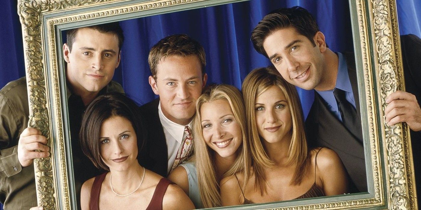 The Friends cast is posing inside a picture frame.