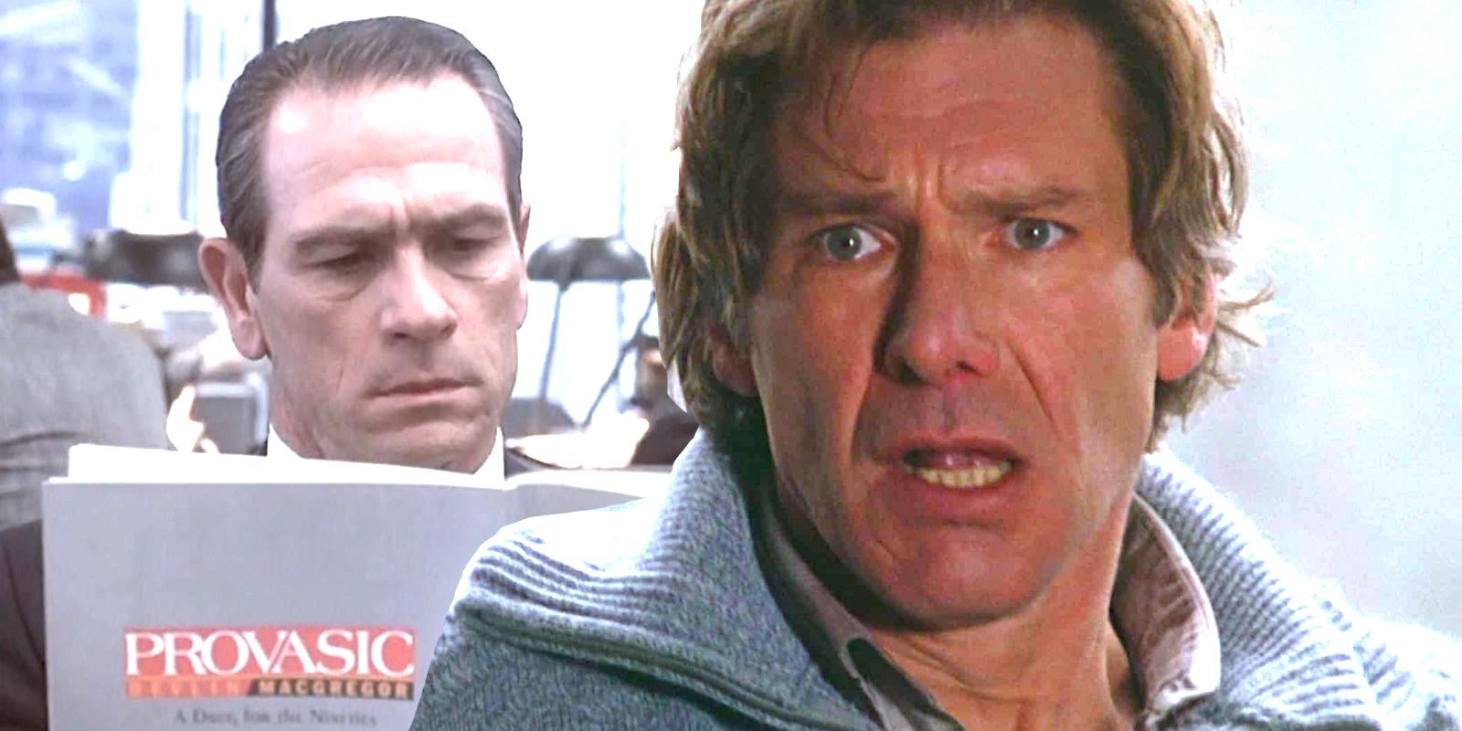 Fugitive collage of Tommy Lee Jones reading Devlin-MacGregor literature on Provasic plus a close up of Harrison Ford.
