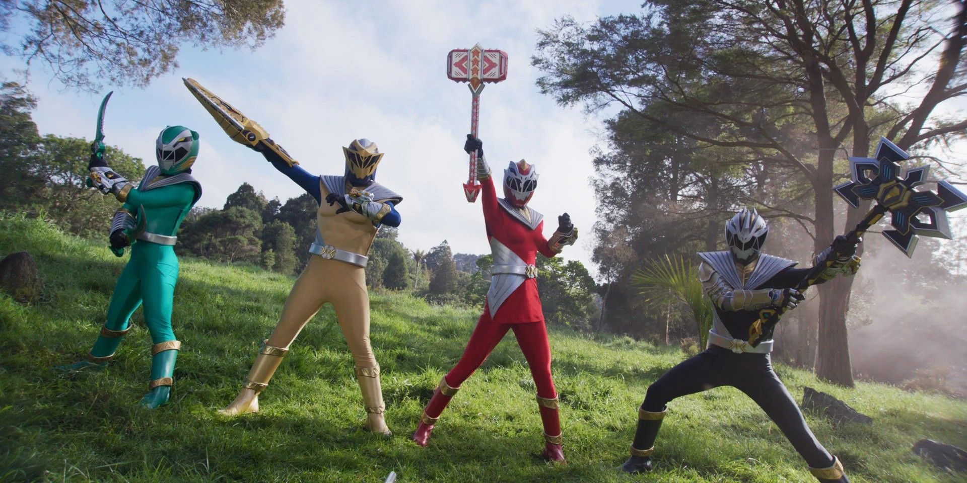 The Green, Red. Black, and Gold Ranger assemble in Power Rangers Cosmic Fury