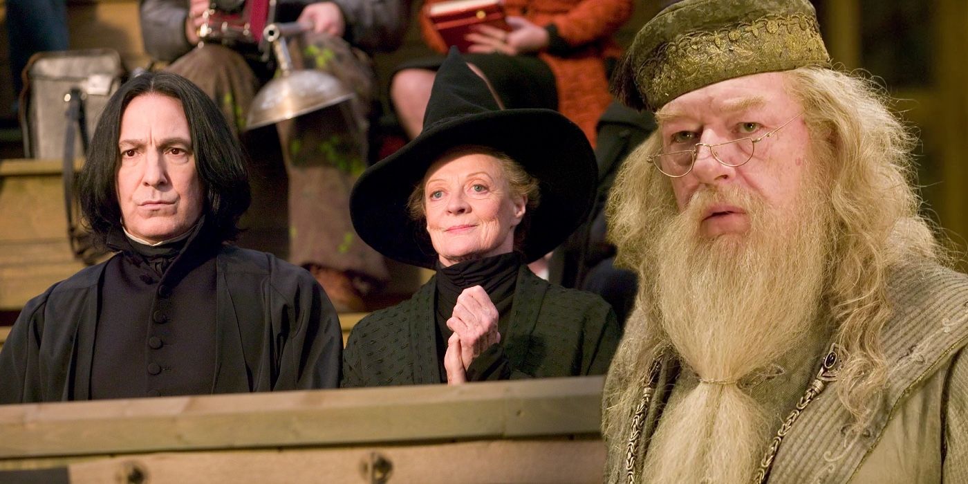 A blended image features Hogwarts staff members Snape, McGonagall, and Dumbledore in the Harry Potter movies