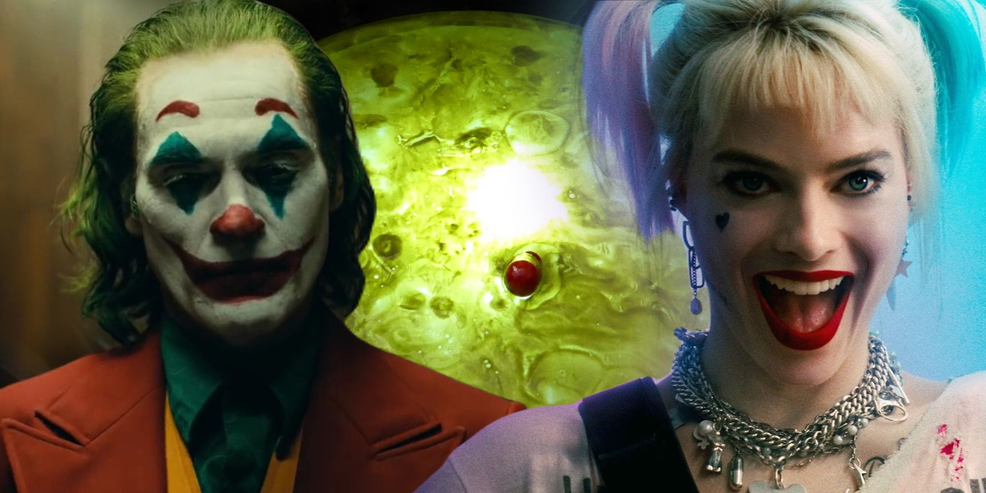 (Left) Joaquin Phoenix as The Joker wears a full face of clown makeup with his characteristic green hair, looking morosely at the ground. / (Center) A vat of green chemicals. / (Right) Margot Robbie as Harley Quinn with her pink and blue short bunches, grinning maniacally.