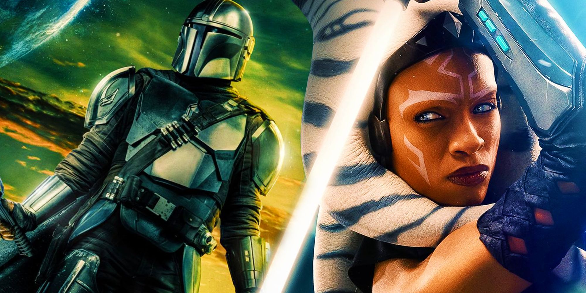 Din Djarin in the poster for Mandalorian Season 3 next to Ahsoka in the official poster for the show