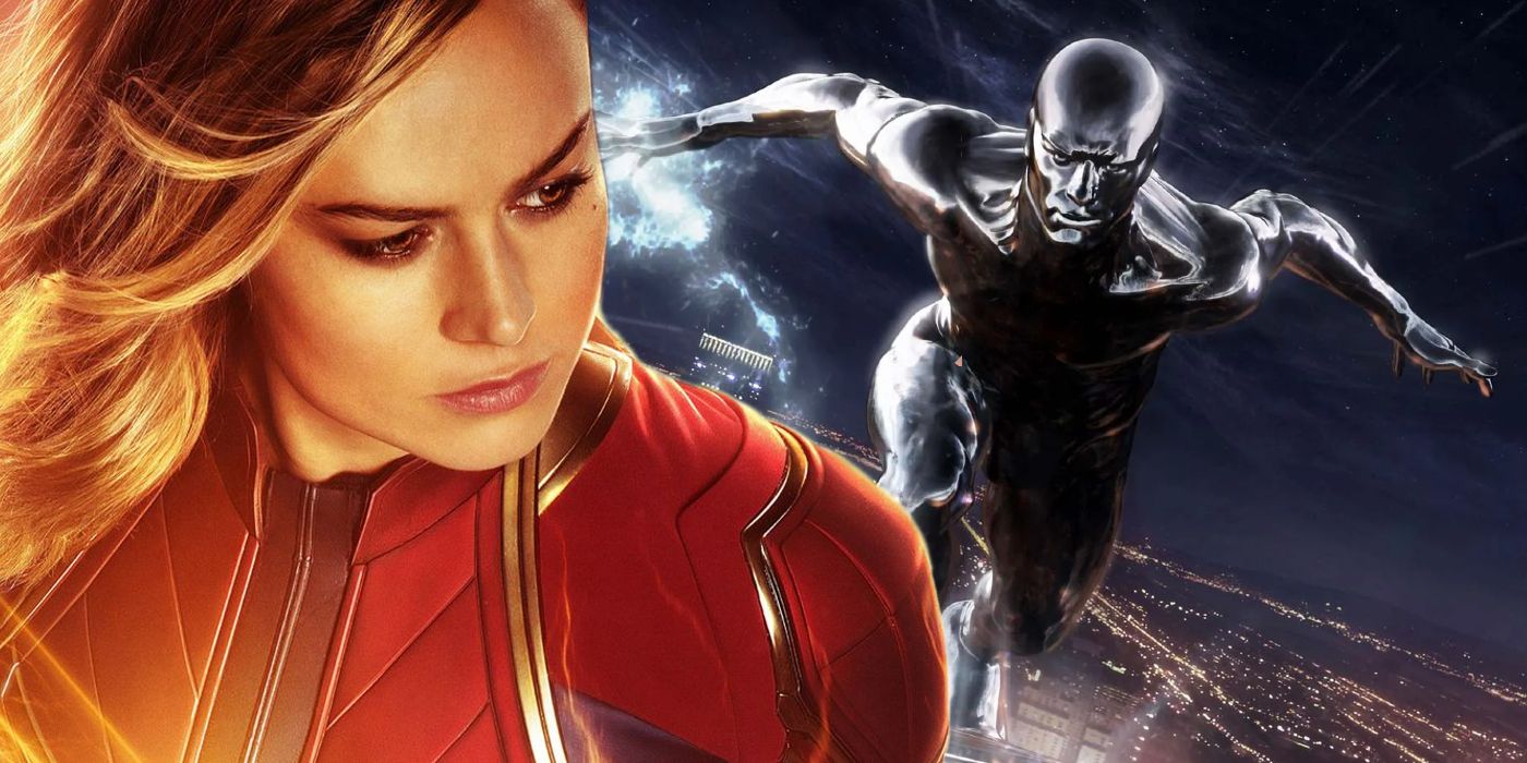 Captain Marvel in the MCU next to Silver Surfer flying