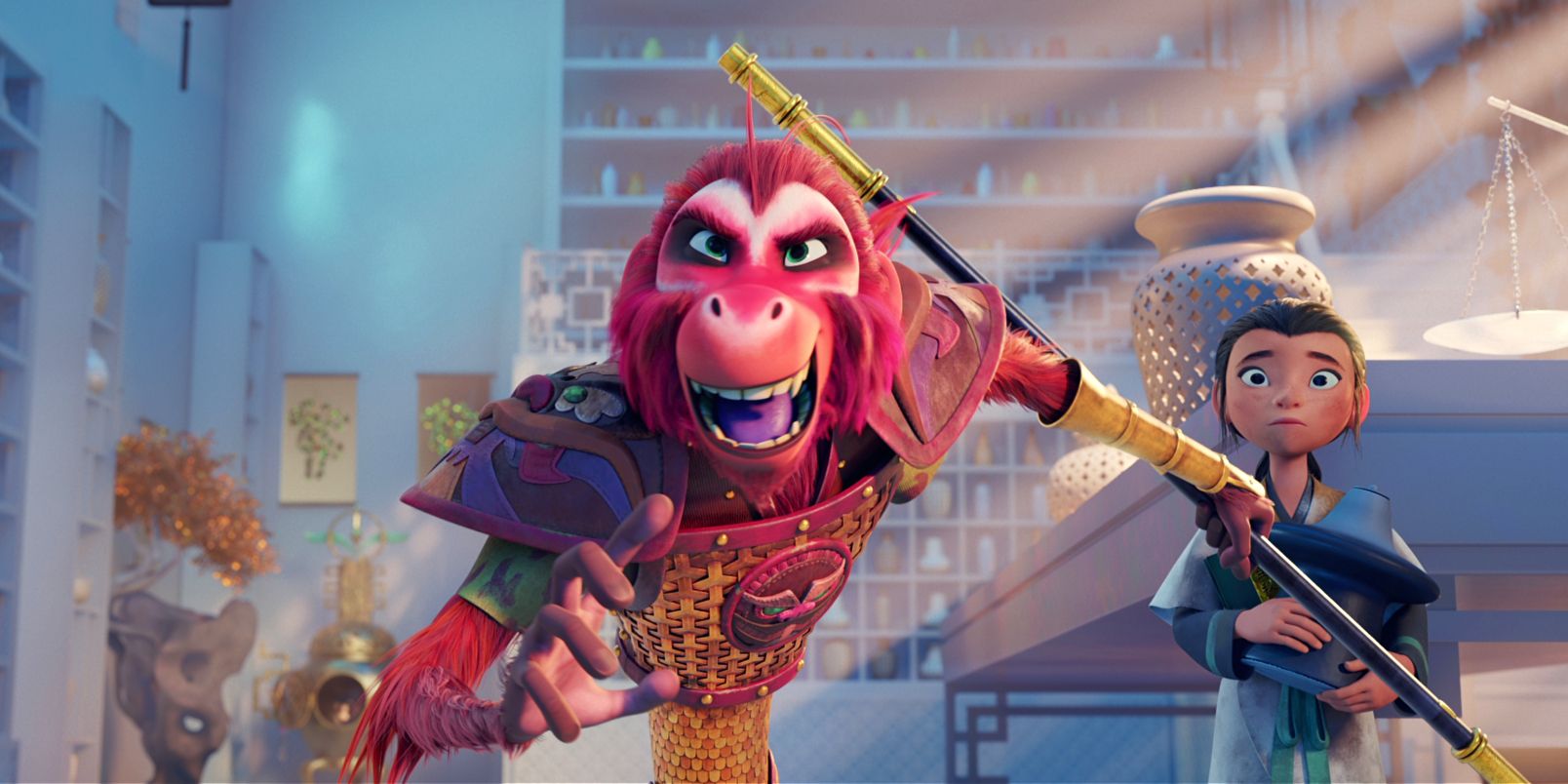 The Monkey King preparing to fight as Lin watches