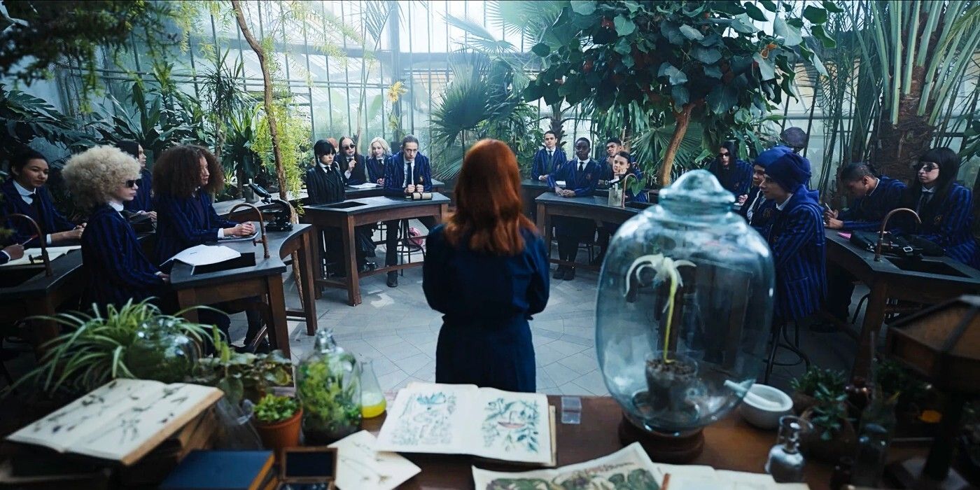 A screencap of the Nevermore greenhouse in Wednesday