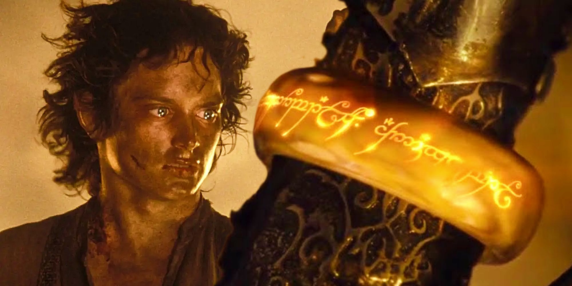The One Ring from The Lord of the Rings next to Frodo Baggins in Mount Doom