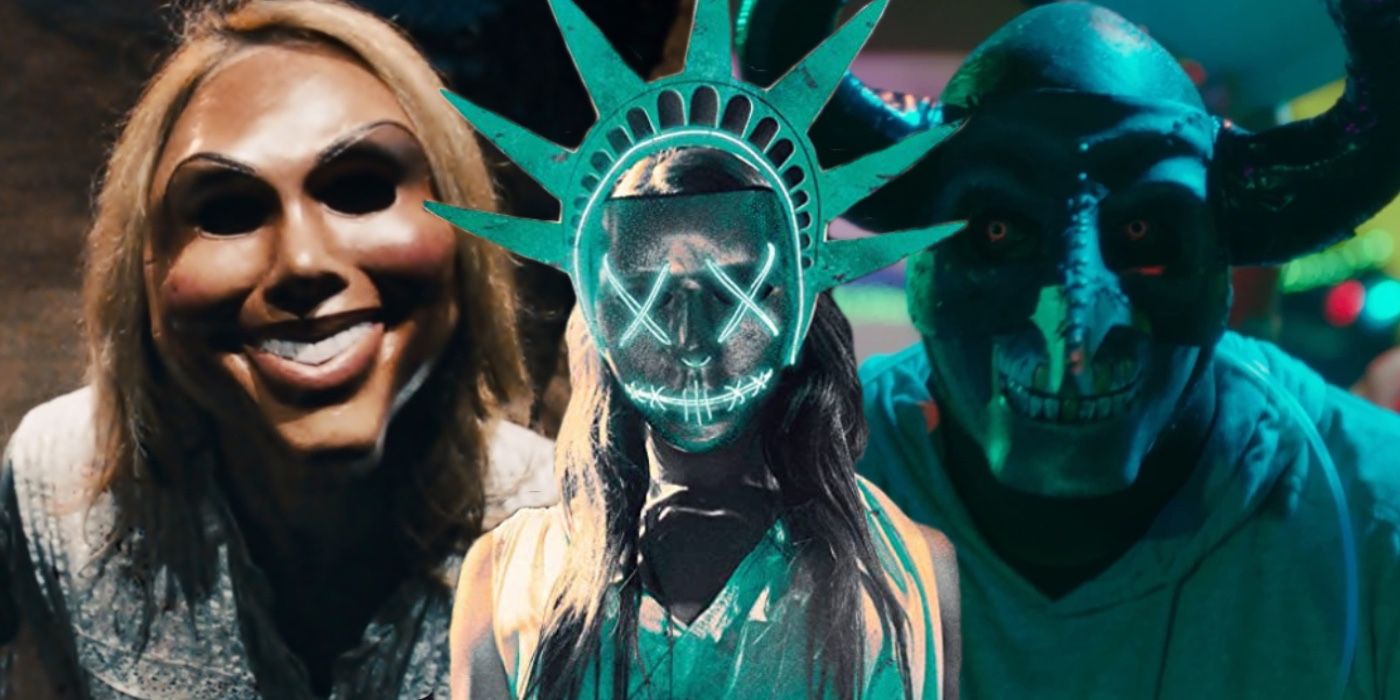 A composite image of various masked villains from The Purge movies