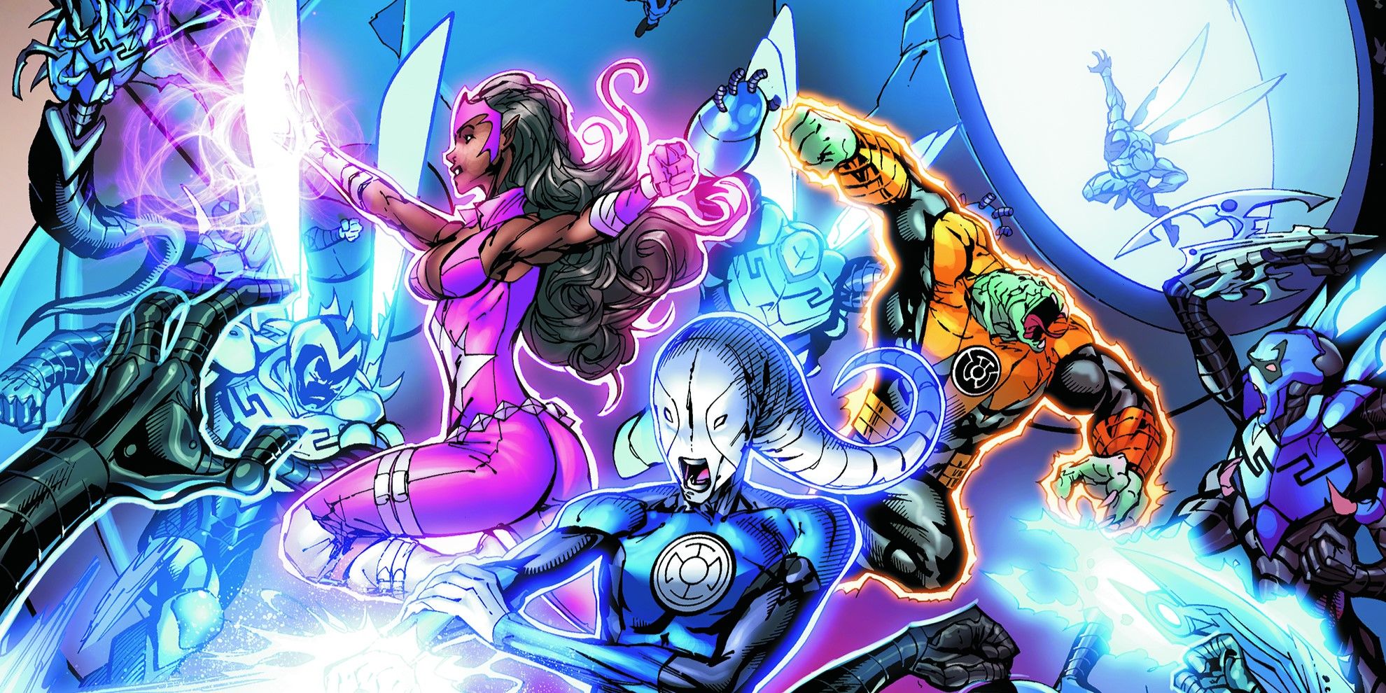 A comic book fight scene between The Reach and the Green Lanterns.Three central characters: a human with long brown hair in pink wields purple fists, a green muscled creature in orange costume is about to deliver a flying punch to an armored alien, and a blue long-horned alien shoots from their fist.