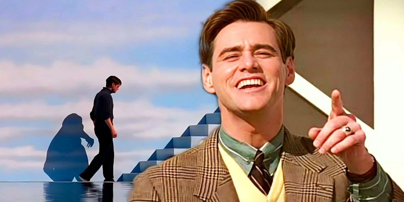 Collage of Jim Carrey as Truman walking up stairs and pointing up in The Truman Show