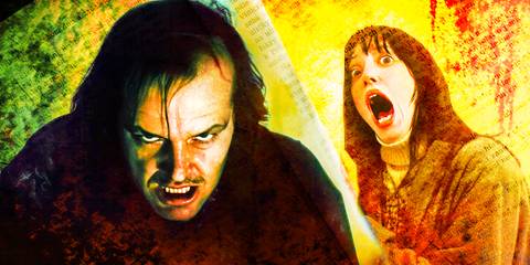 A collage of Jack Torrance (Jack Nicholson) with a menacing look and Wendy Torrance (Shelley Duvall) screaming in The Shining