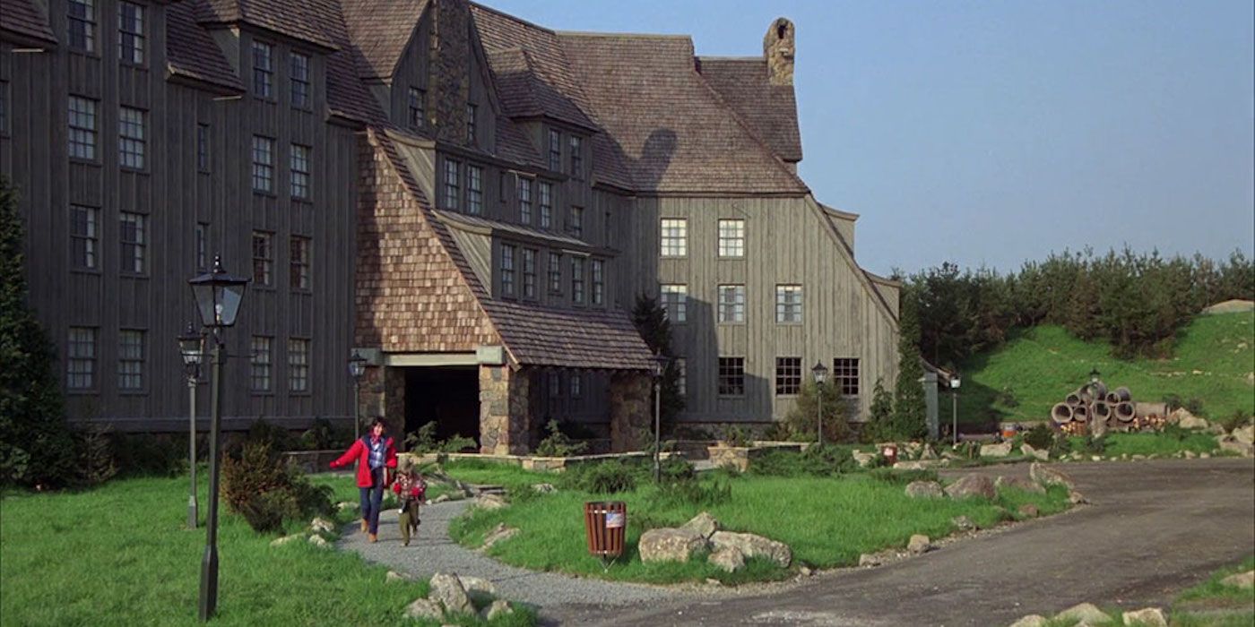 Wendy and Danny running out of the back of the Overlook Hotel to see the maze in The Shining.