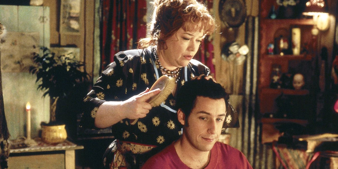 Kathy Bates as Mama brushing Adam Sandler as Bobby's hair in The Waterboy.