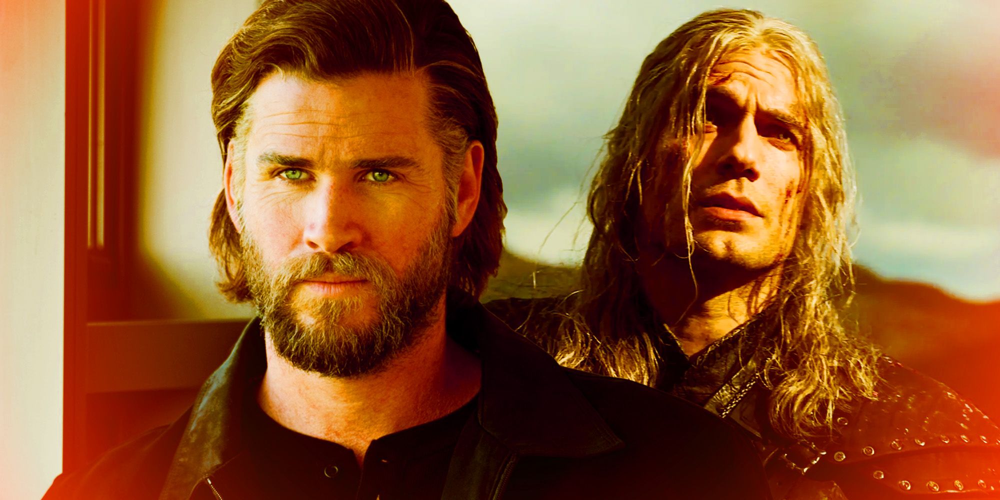 O bruxo Liam Hemsworth ao lado de Henry Cavill como Geralt de Rivia