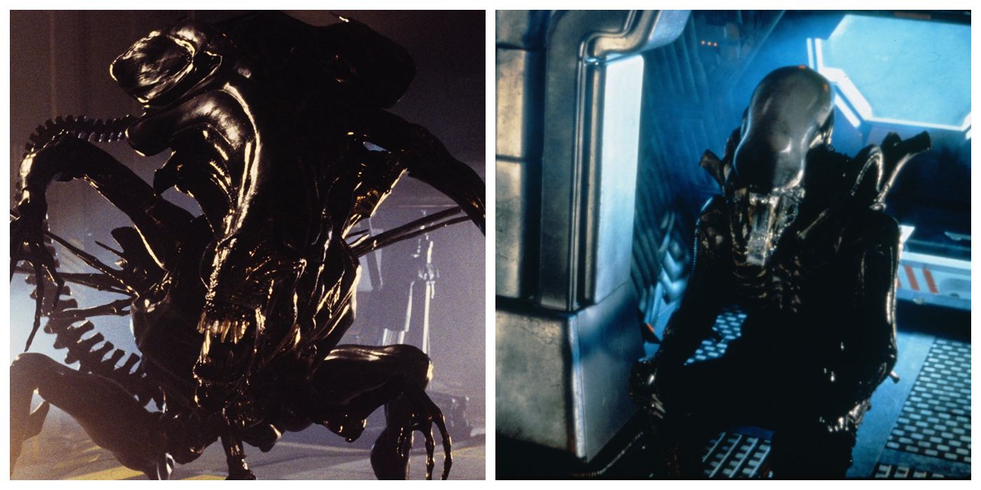 The Xenomorph Queen in Aliens and a Xenomorph drone in Alien