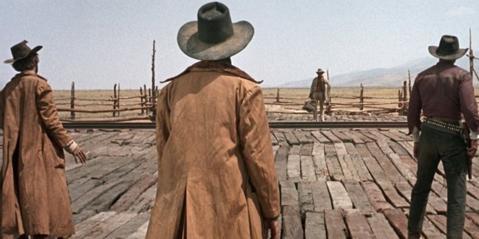 Three gunslingers wait for Charles Bronson in Once Upon a Time in the West