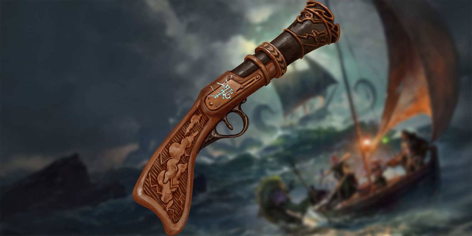 An image of the Thunderbuss from Glory of the Giants overlaid on Saltmarsh artwork of a boat at sea with a kraken attacking.