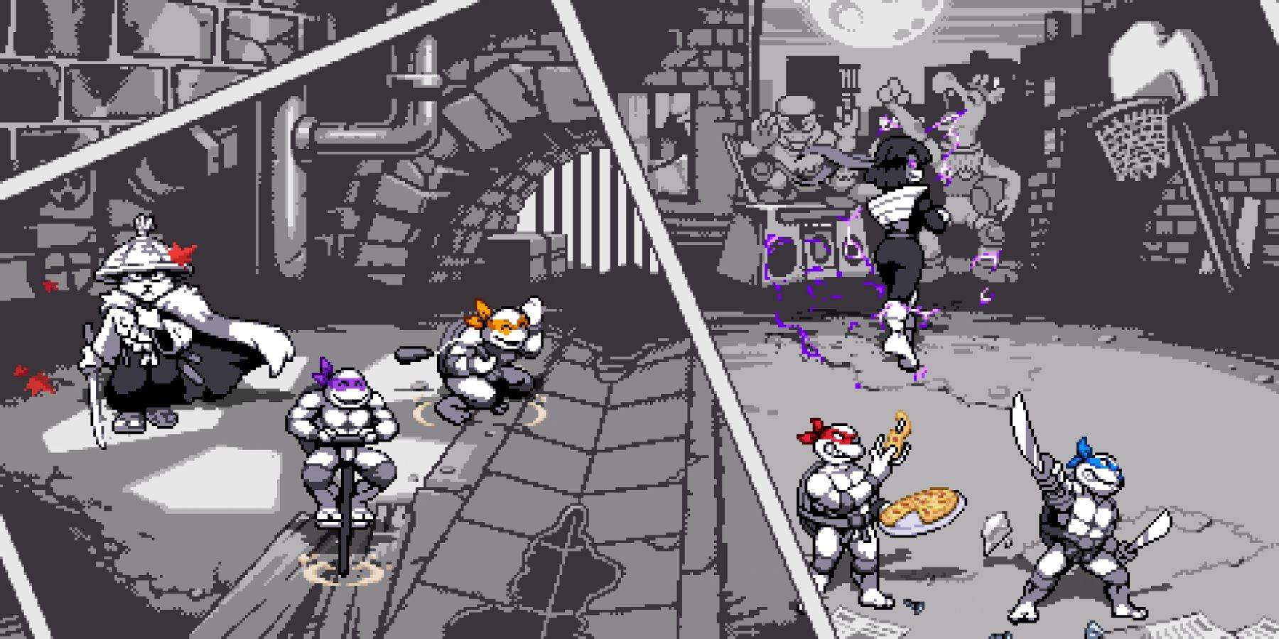 Pixelated TMNT art arranged to look like black and white comic book panels with certain details, like the Turtles' headbands and a pizza, colorized. Two fill a majority of the screen at an angle. On the left, Donatello, Michelangelo, and Usagi are in a sewer. On the right, Leonardo, Raphael, and Karai are on a basketball court.