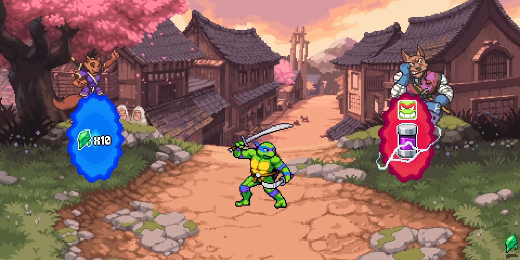 A screenshot of TMNT: Shredder's Revenge – Dimension Shellshock's Survival game mode. Leonardo stands between two inter-dimensional portals, one which will offer him 10 green crystals, while the other offers a perk.