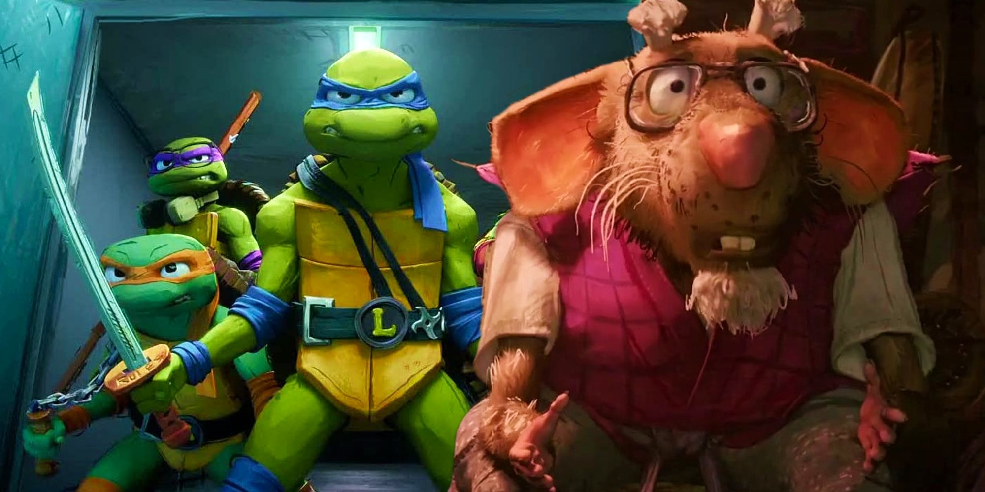 The four turtles from TMNT Mutant Mayhem next to master Splinter