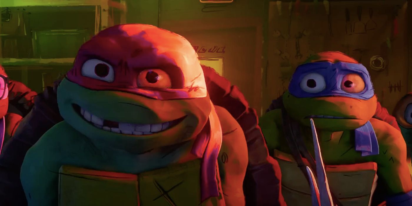 Raphael smiling and Leonardo looking concerned in TMNT: Mutant Mayhem trailer