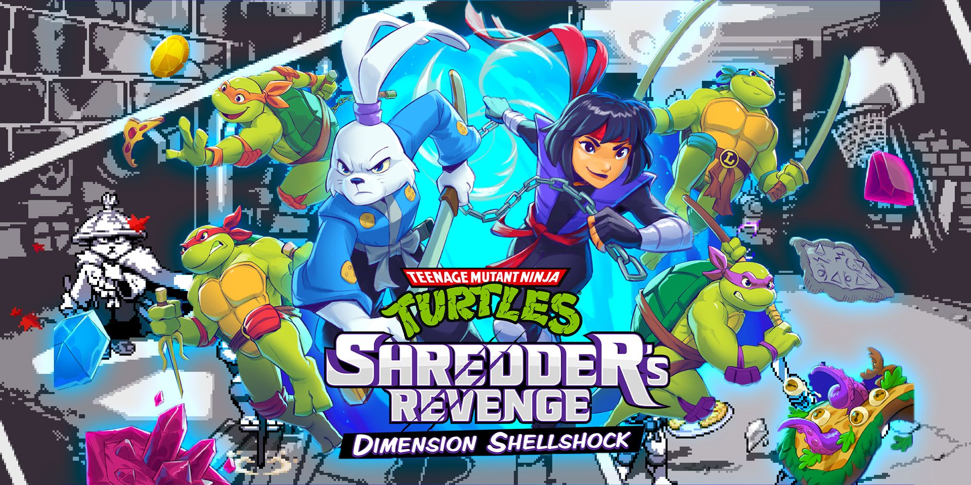 Key art for the upcoming TMNT: Shredder's Revenge DLC, showing the four turtles and the expansion's two new characters, Miyamoto Usagi and Karai, all coming out of a colorful portal on a black and white background. The DLC's text logo is centered at the bottom of the frame.