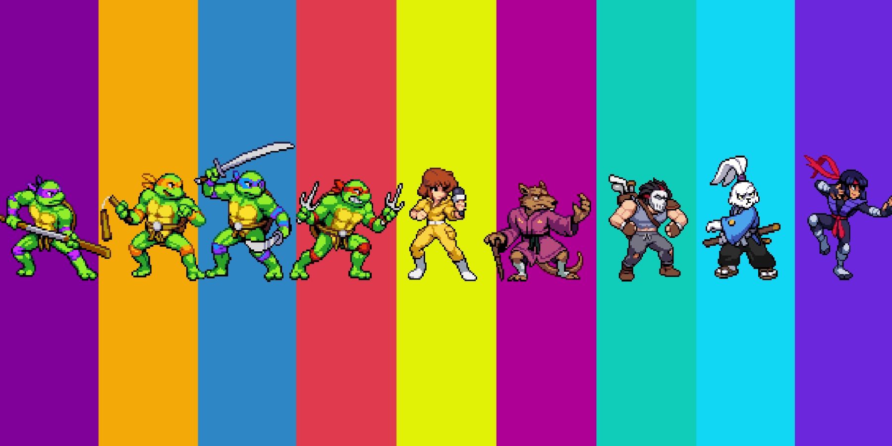 All nine playable character sprites from Shredder's Revenge, including the two newest coming in the Dimension Shellshock DLC, Karai and Miyamoto Usagi, who are on the far right of the image. Each sprite has its own distinctly colored vertical column extending from the top to the bottom of the image.