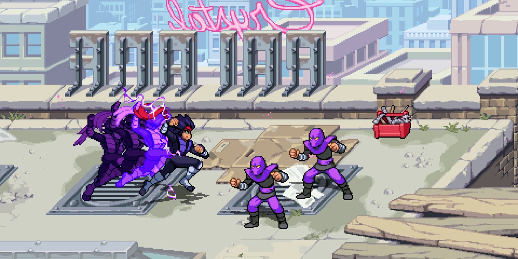 A gameplay screenshot from Dimension Shellshock showing Karai fighting two Foot Soldiers on a rooftop.