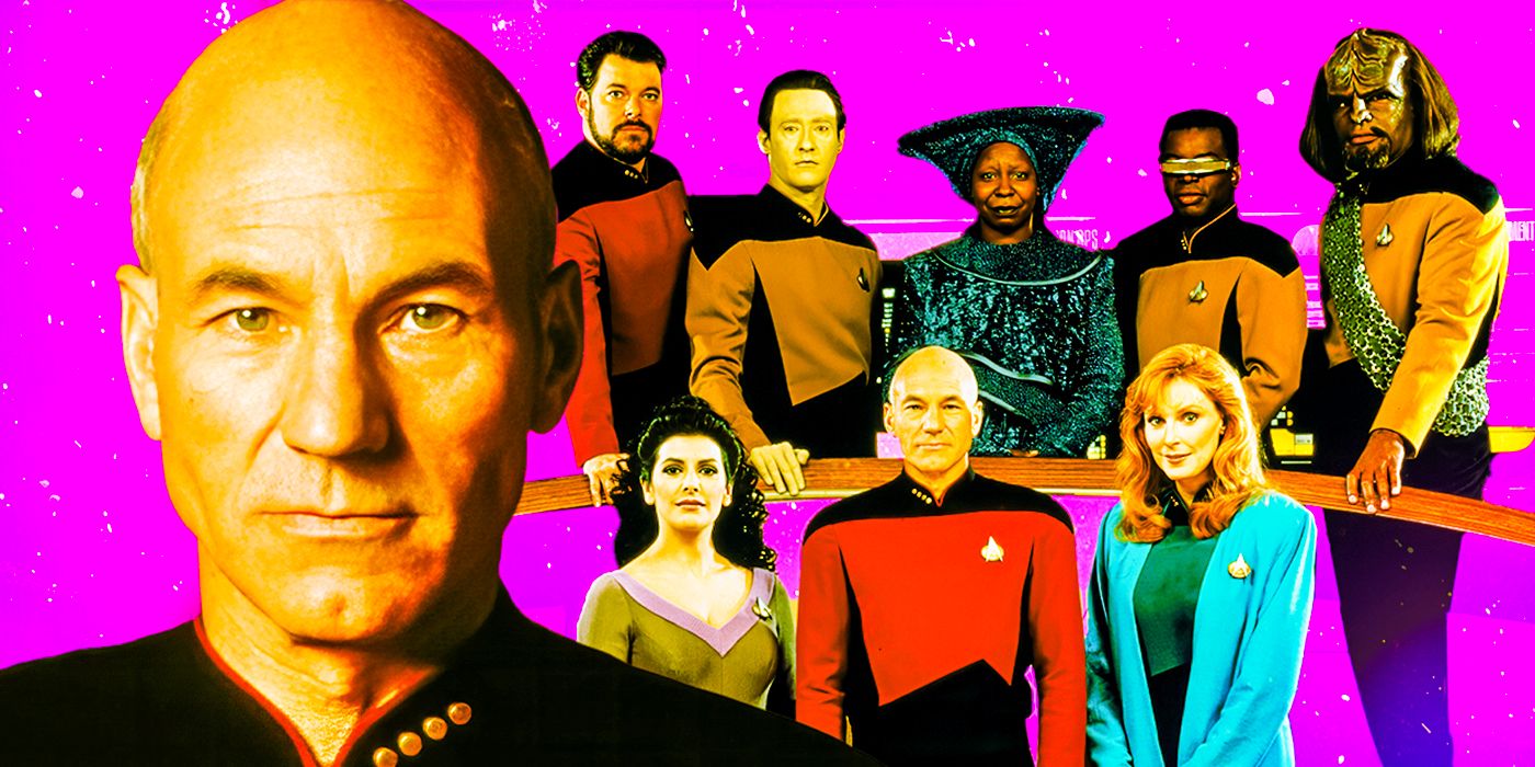 Jean-Luc Picard and the Star Trek: TNG cast.