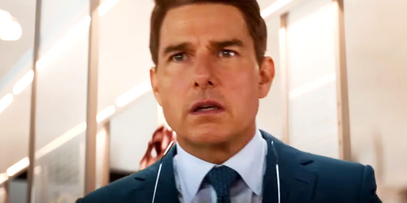 Tom Cruise looking surprised as Ethan Hunt in Mission: Impossible - Dead Reckoning Part One