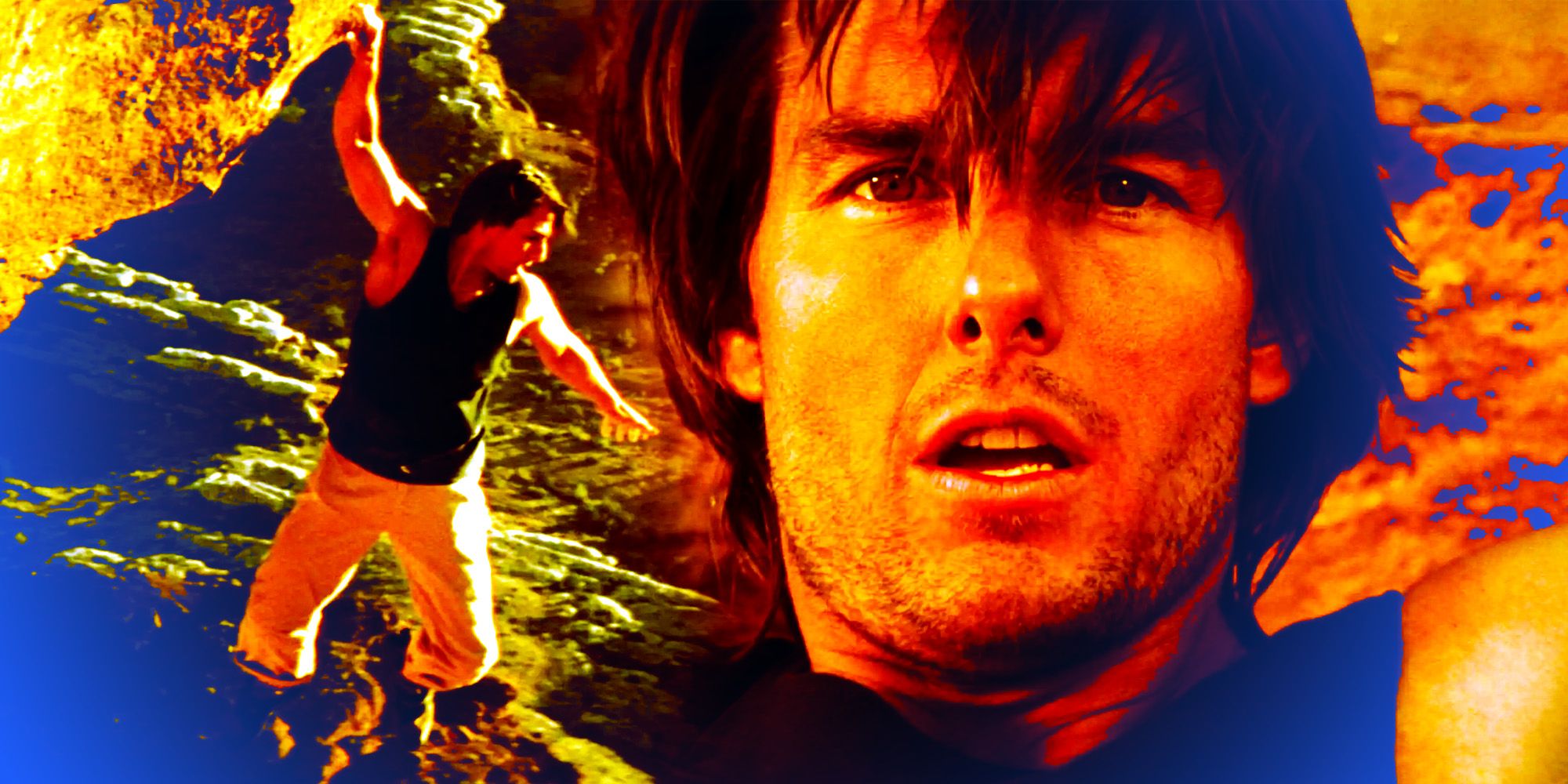 Collage of Tom Cruise rock climbing in Mission Impossible 2