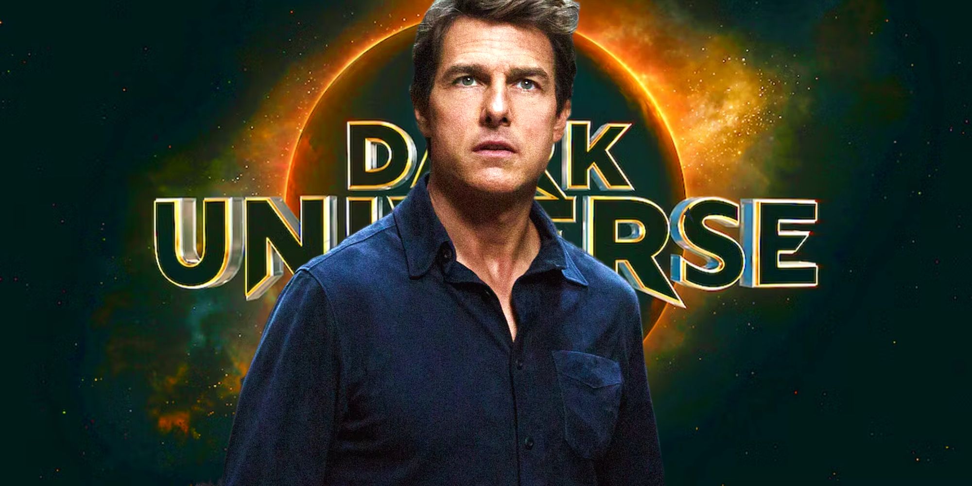 Tom Cruise from The Mummy in front of the Dark Universe logo