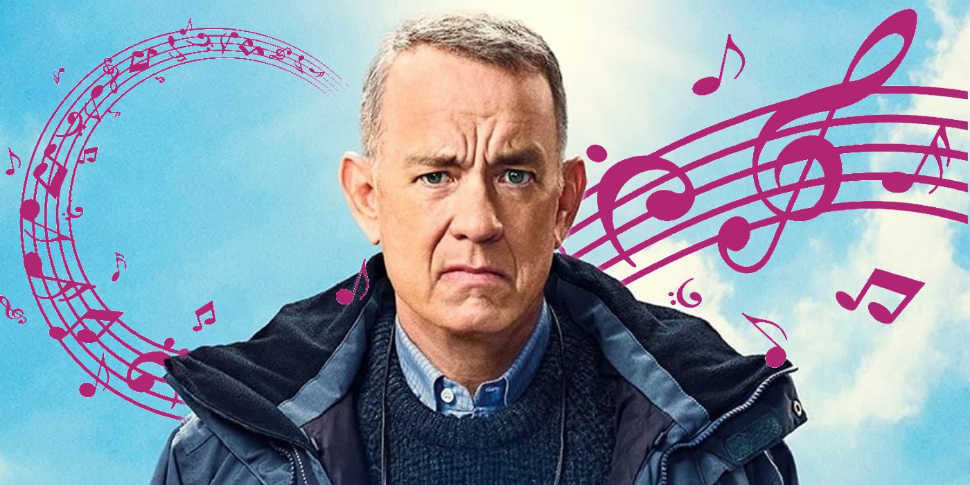 Tom Hanks in A Man Called Otto with musical notes behind him.