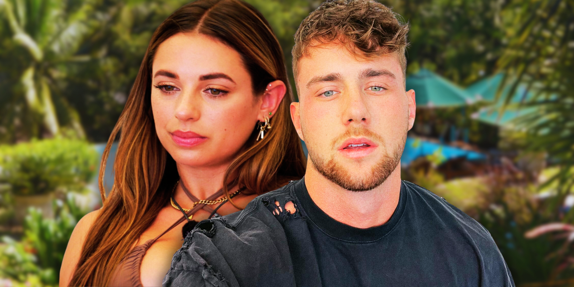 Too Hot To Handle's Georgia Hassarati and Ex-Boyfriend Harry Jowsey montage with tropical background